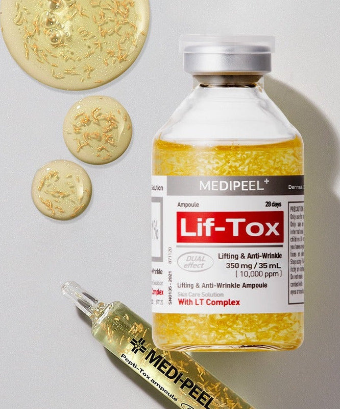 MEDIPEEL Leaf Tox Ampoule 35ml bottle with liquid swatches, highlighting anti-wrinkle dual effect.