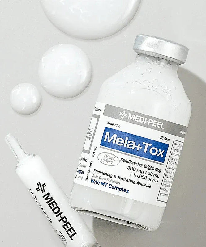 MEDIPEEL Mela Plus Tox Ampoule 35ml bottle with product highlights and applicator on gray background
