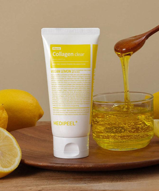 MEDIPEEL Vegan Vitamin Collagen Clear 300ml with lemons and honey on wooden tray
