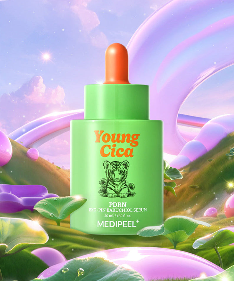 MEDIPEEL Young Cica PDRN Exo-Pin Bakuchiol Serum 50ml bottle with colorful background