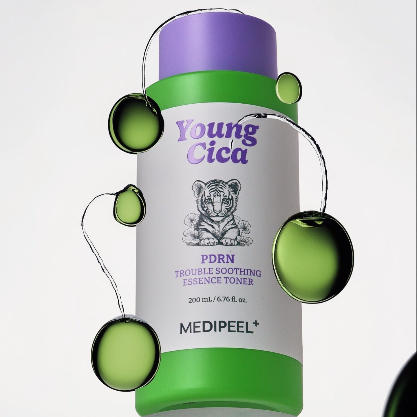 MEDIPEEL Young Cica PDRN Trouble Soothing Essence Toner 200ml bottle with green and purple design, 200ml size