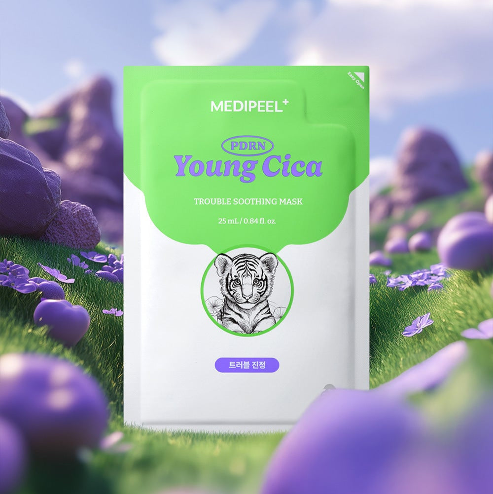 MEDIPEEL Young Cica PDRN Trouble Soothing Mask 25ml packaging in a lavender field background
