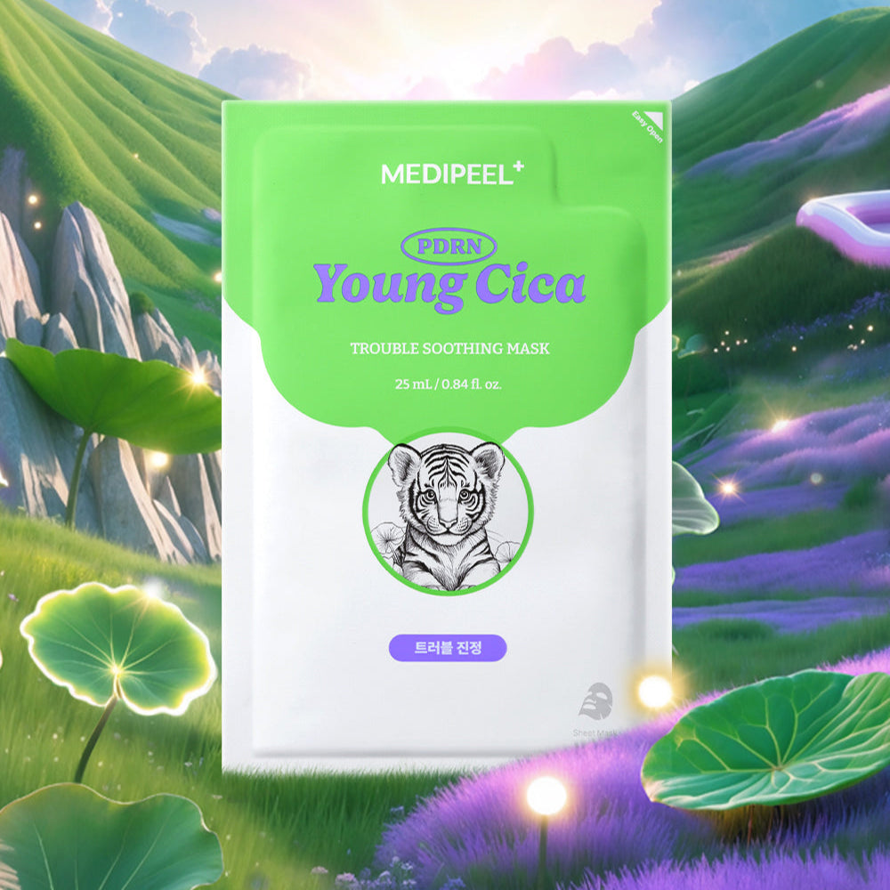 MEDIPEEL Young Cica PDRN Trouble Soothing Mask 25ml in a serene, vibrant landscape background.