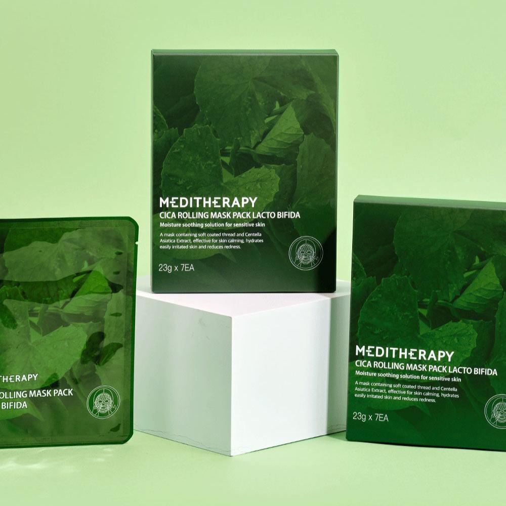 MEDITHERAPY Cica Rolling Mask packaging on display with green background highlighting the product features and design.