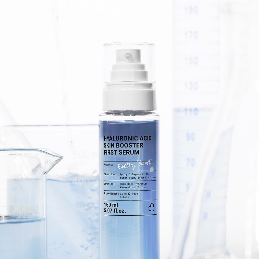 MEDITHERAPY Hyaluronic Acid Skin Booster First Serum 150ml bottle next to a beaker.