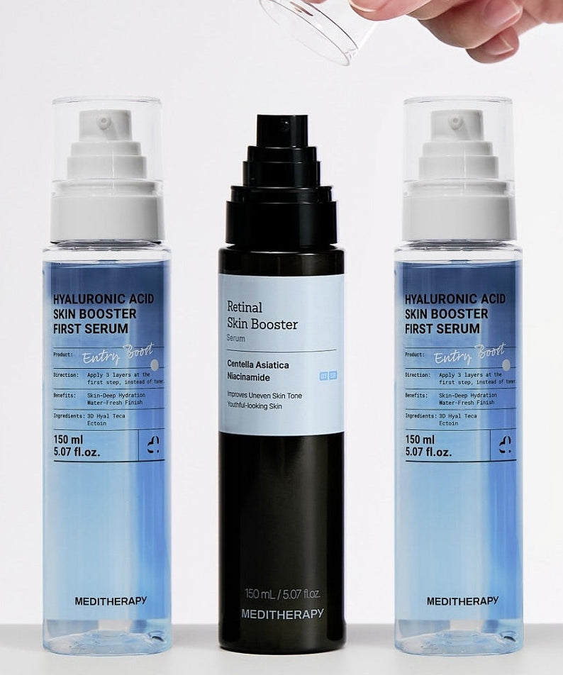 MEDITHERAPY Hyaluronic Acid Skin Booster First Serum 150ml displayed alongside Retinal Skin Booster.