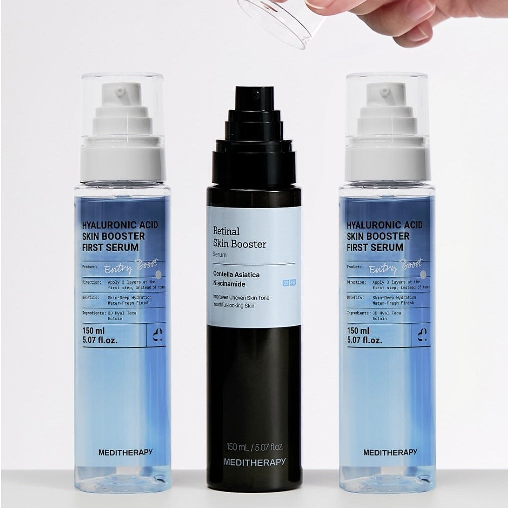 MEDITHERAPY Hyaluronic Acid Skin Booster First Serum 150ml displayed alongside Retinal Skin Booster.