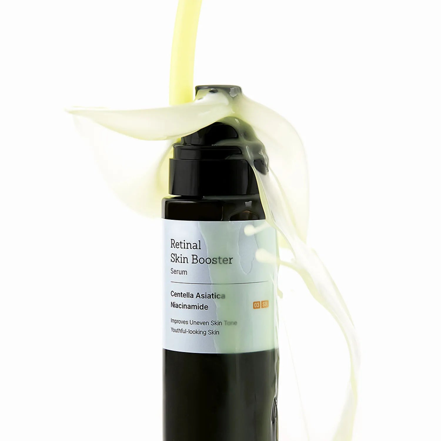 MEDITHERAPY Retinal Skin Booster Serum 150ml bottle with liquid flowing over it, showcasing skincare benefits.