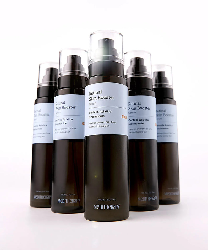 MEDITHERAPY Retinal Skin Booster Serum 150ml bottles displayed in a row with blue labels.