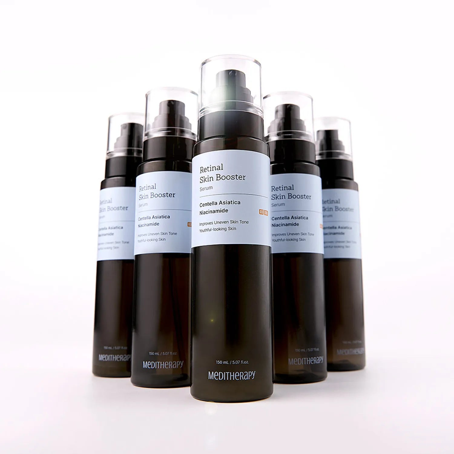 MEDITHERAPY Retinal Skin Booster Serum 150ml bottles displayed in a row with blue labels.