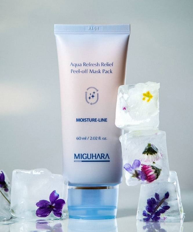 MIGUHARA Aqua Refresh Relief Peel Off Mask Pack 60ml with floral ice cubes in background showcasing skincare essence.