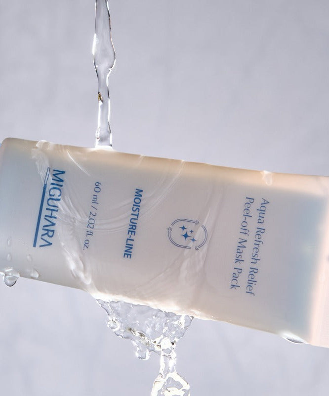 MIGUHARA Aqua Refresh Relief Peel Off Mask Pack 60ml shown with flowing water for hydration effect.