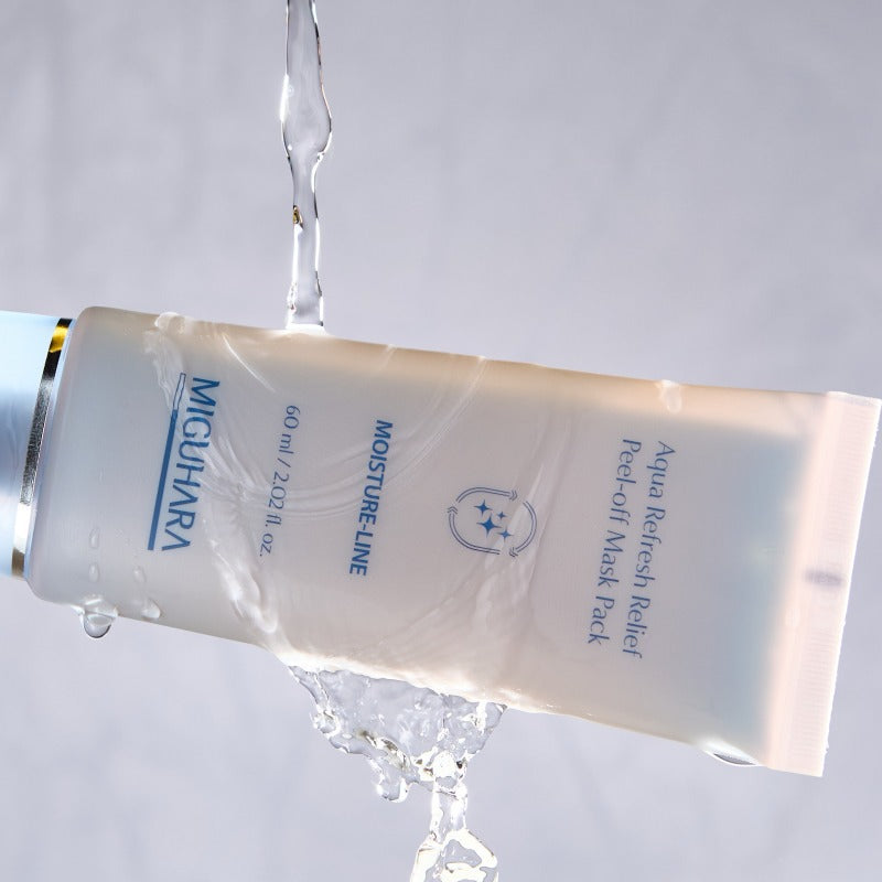 MIGUHARA Aqua Refresh Relief Peel Off Mask Pack 60ml shown with flowing water for hydration effect.