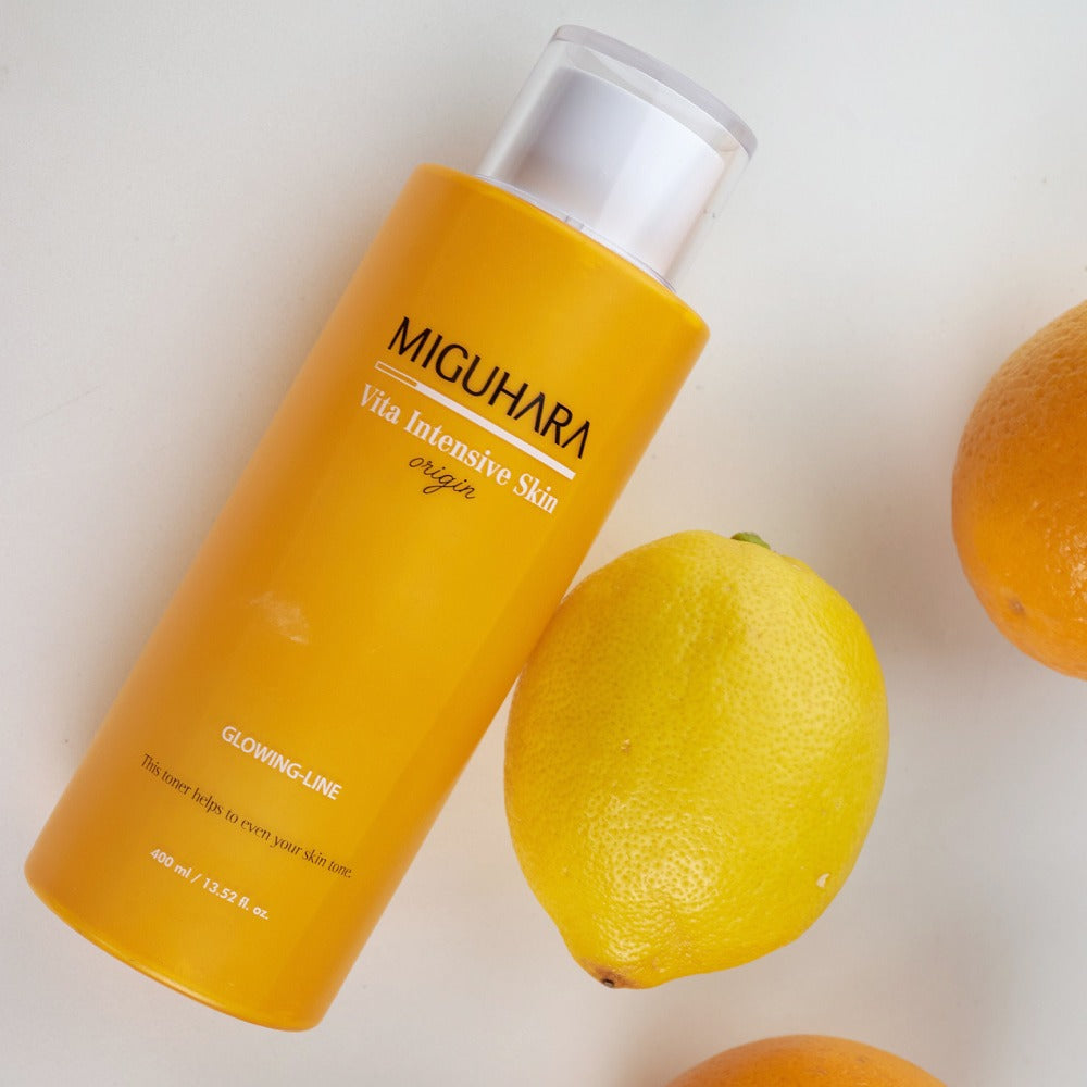 MIGUHARA Vita Intensive Skin Origin 400ml bottle with lemons, enhancing skin vitality.