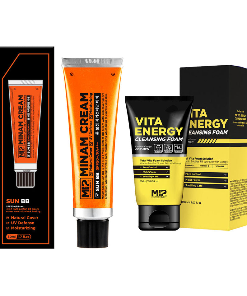 MIP Minam Cream Sun BB + Vita Energy Cleansing Foam Set - Gentleman Korea Korean skincare bundle for men, sun BB cream and cleansing foam