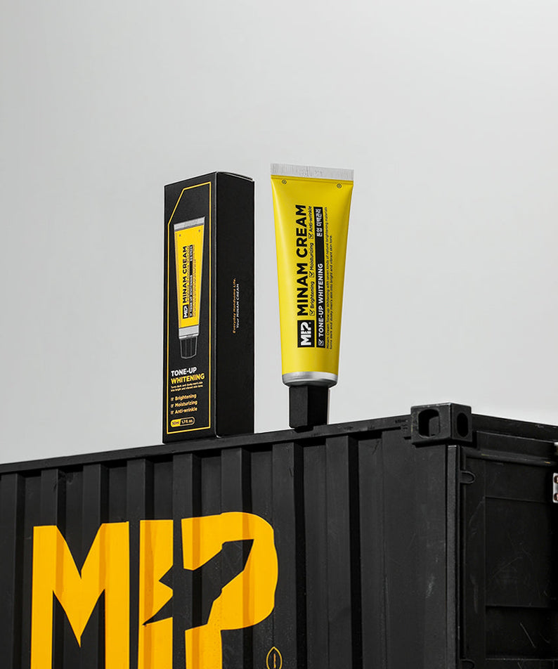 MIP Minam Cream Tone-up Whitening + Vita Energy Foam CLeansing on black crate packaging by Gentleman Korea for men skincare