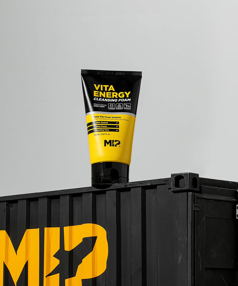 Gentleman Korea product shot of MIP Vita Energy Cleansing Foam 150ml tube on black crate for men’s skincare