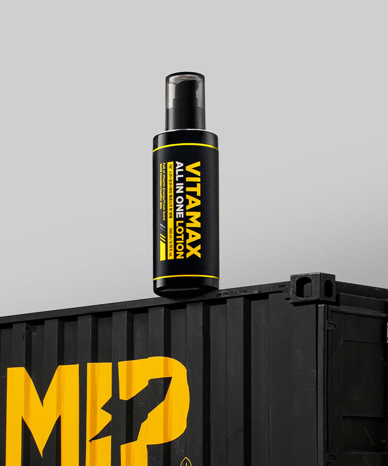 MIP Vitamax Ehitening ALl-in-One Lotion 200ml bottle on black container by Gentleman Korea, Korean skincare for men