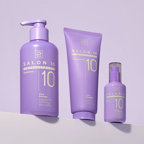 MISE EN SCENE Salon 10 Professional Cica Protein Shampoo 480ML with matching treatment and serum products in purple bottles
