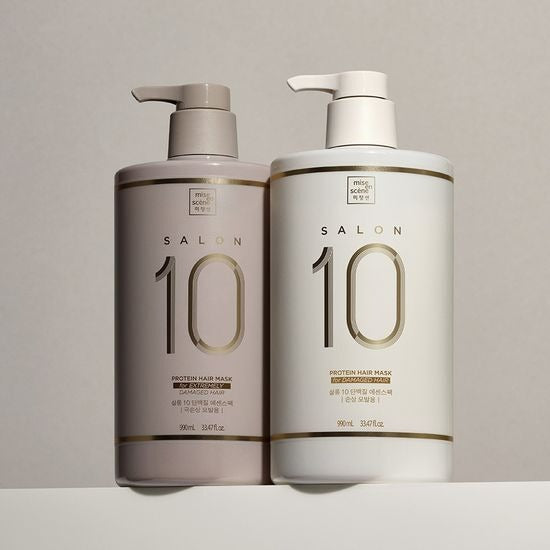 Two bottles of MISE EN SCENE Salon 10 Protein Treatment Essence Pack 990ML on display.
