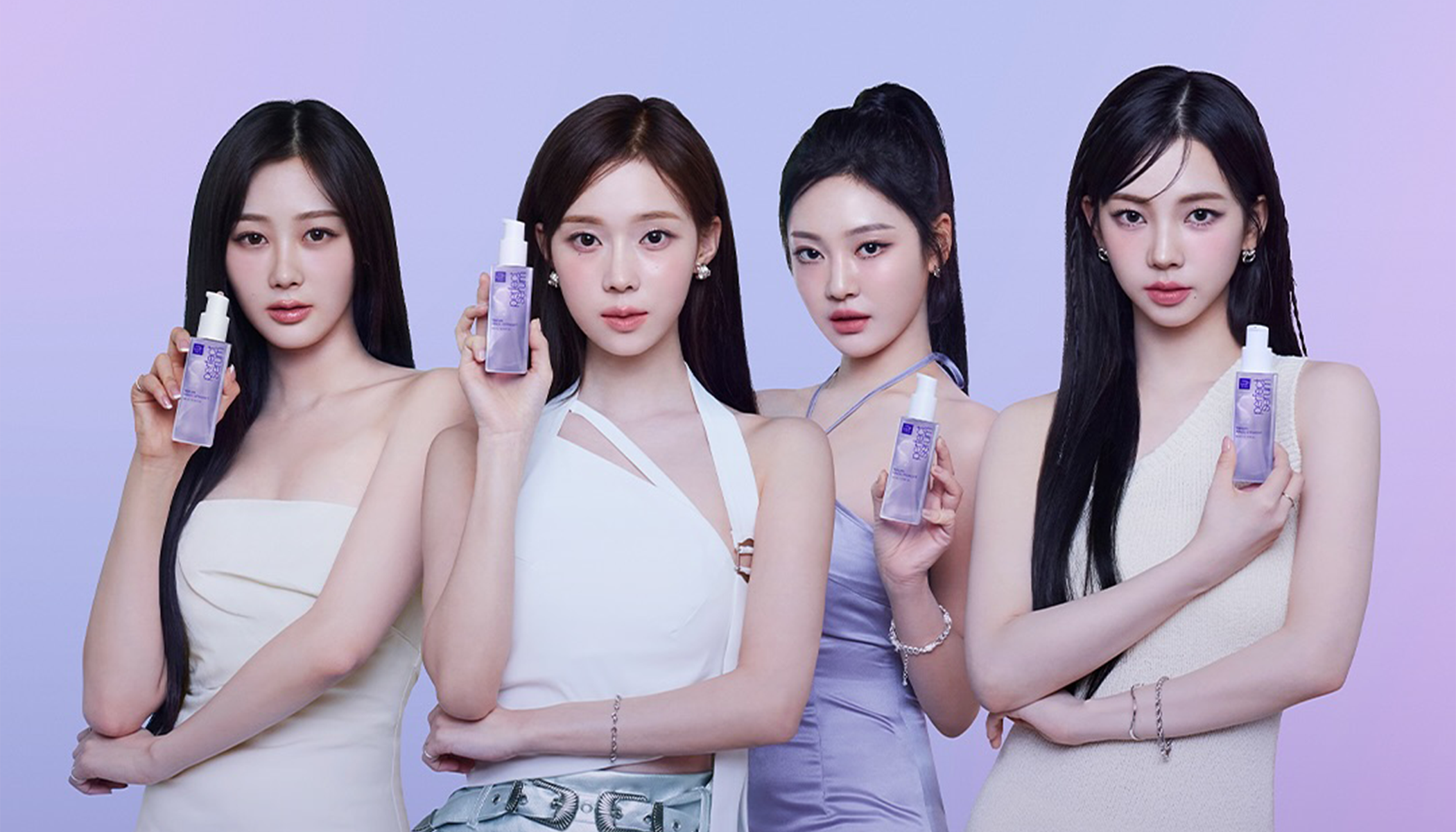 Four women holding skincare products against a purple background, showcasing beauty and skincare.