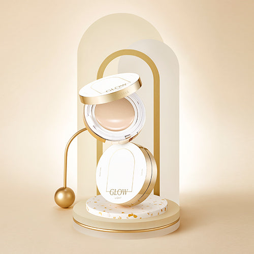 MISSHA Glow Cushion Light 13g in elegant beige and gold packaging displayed on a decorative stand