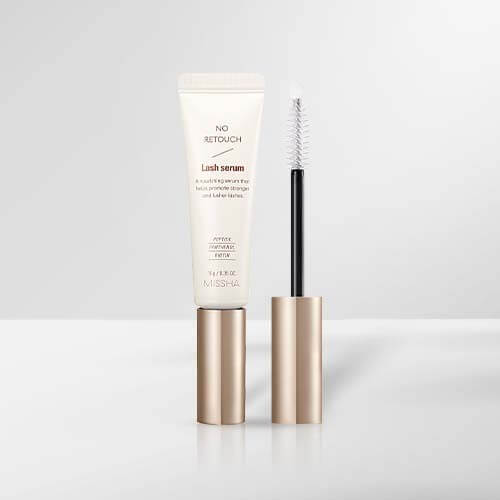 MISSHA No-Retouch Lash Serum 10g tube and applicator on a clean background.