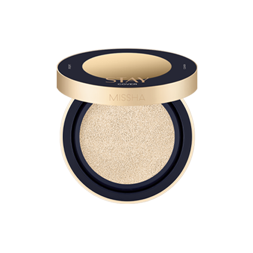 MISSHA STAY CUSHION makeup product shown open, featuring a beige cushion inside a gold and navy compact case.