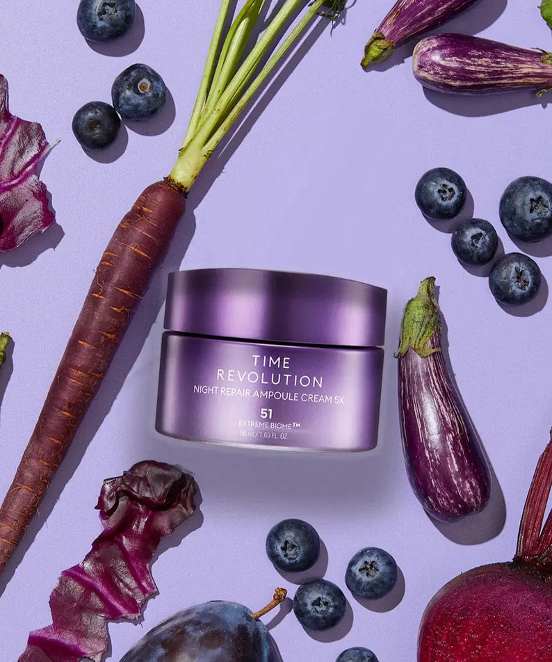 MISSHA Time Revolution Night Repair Ampoule Cream 5X 50ml surrounded by fruits and vegetables.