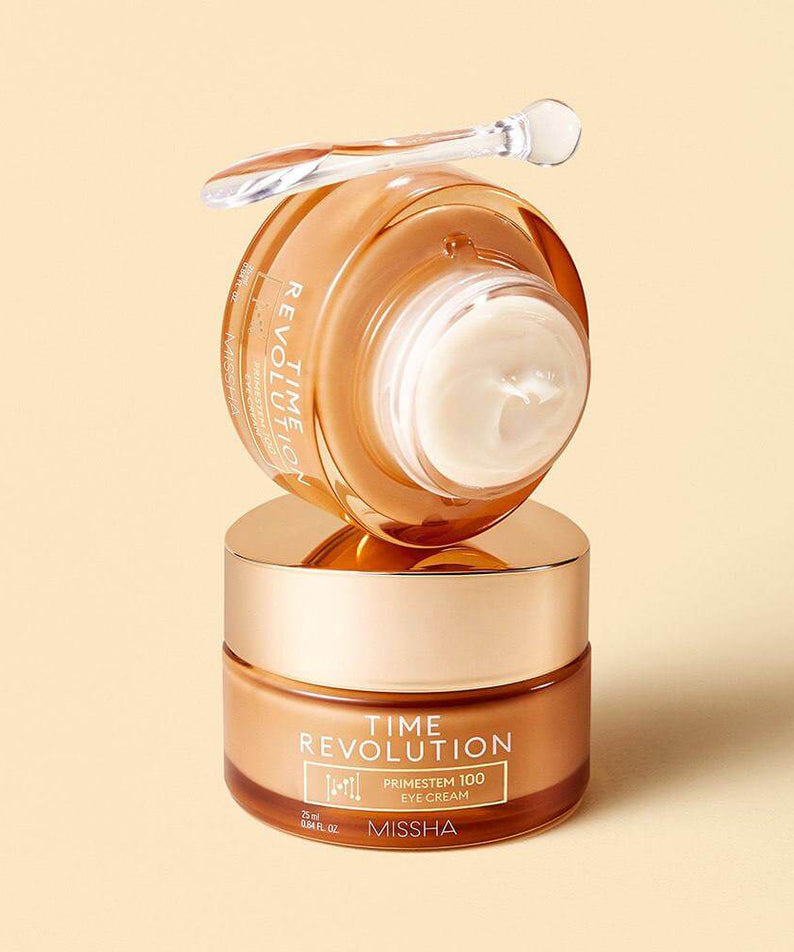 MISSHA Time Revolution Primestem100 Eye Cream 25ml jar and applicator on display