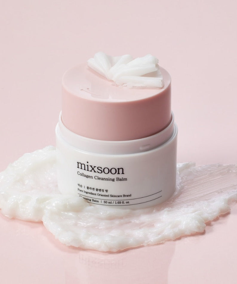 MIXSOON Collagen Cleansing Balm 50ml product on a smooth surface with creamy texture, emphasizing skincare and beauty.