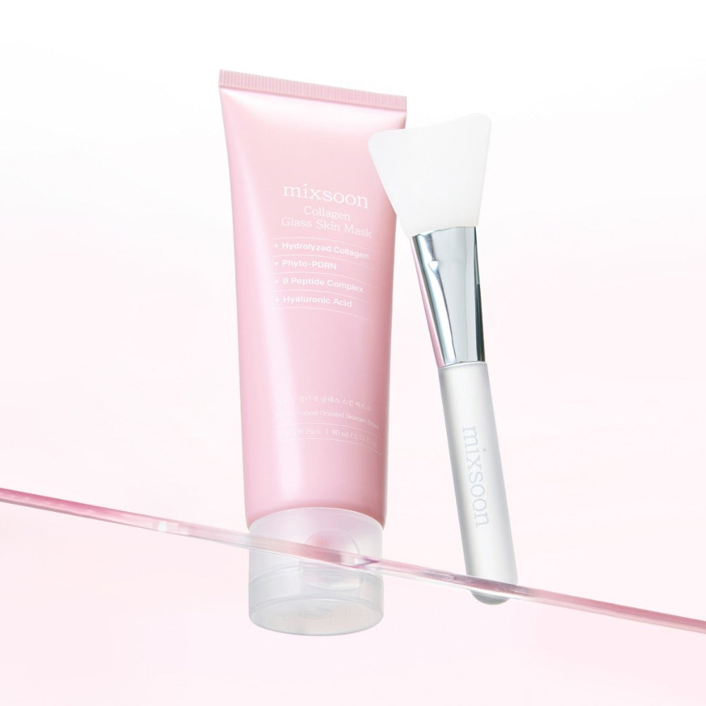 MIXSOON Collagen Glass Skin Mask 80ml tube with applicator brush on a pink background