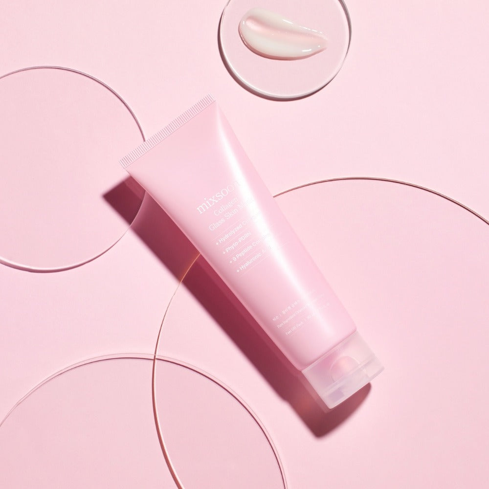 MIXSOON Collagen Glass Skin Mask 80ml tube on a pink background with cream texture detail, highlighting hydrating skincare product.