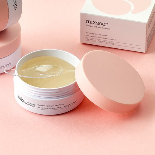 MIXSOON Collagen Hydrogel Eye Patch 60 sheets product packaging on a pink background.