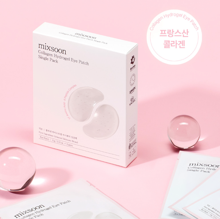 MIXSOON Collagen Hydrogel Eye Patch Single Pack 5 Sheets product displayed in packaging with pink background and glass orbs.