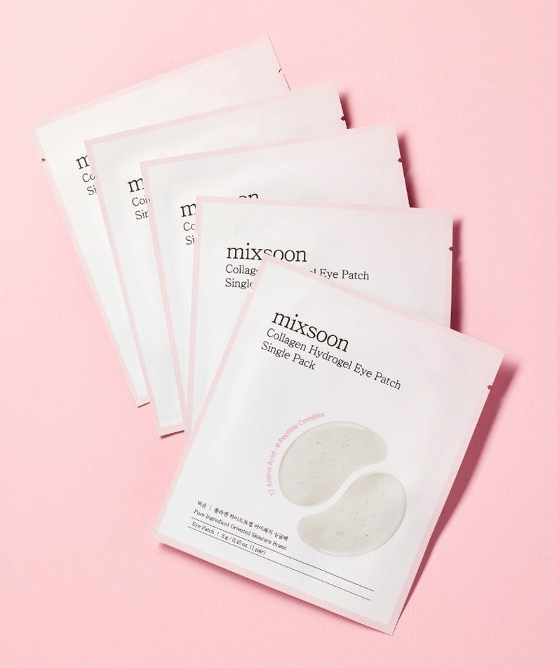 MIXSOON Collagen Hydrogel Eye Patch Single Pack 5 Sheets on pink background