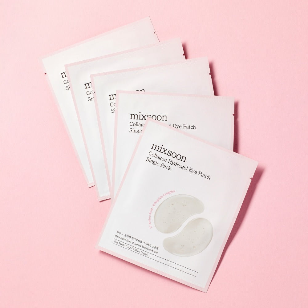 MIXSOON Collagen Hydrogel Eye Patch Single Pack 5 Sheets on pink background