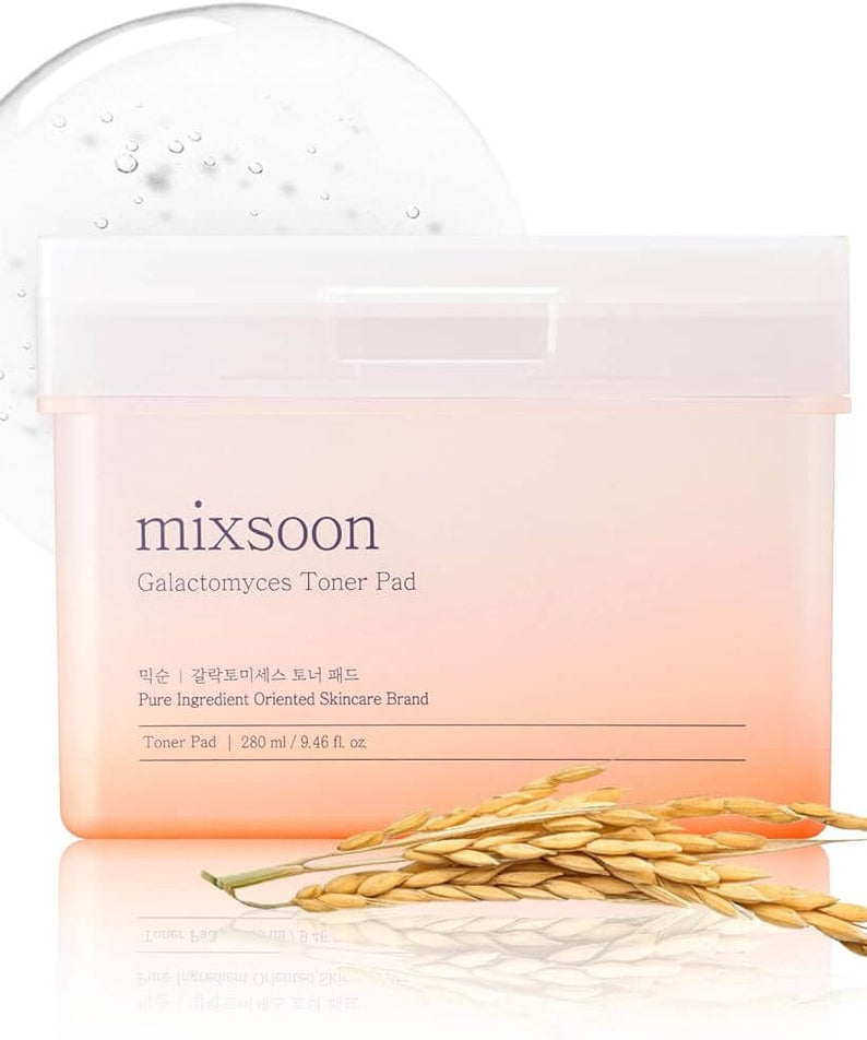 MIXSOON Galactomyces Toner Pad in pink container with rice extract illustration displayed on packaging.
