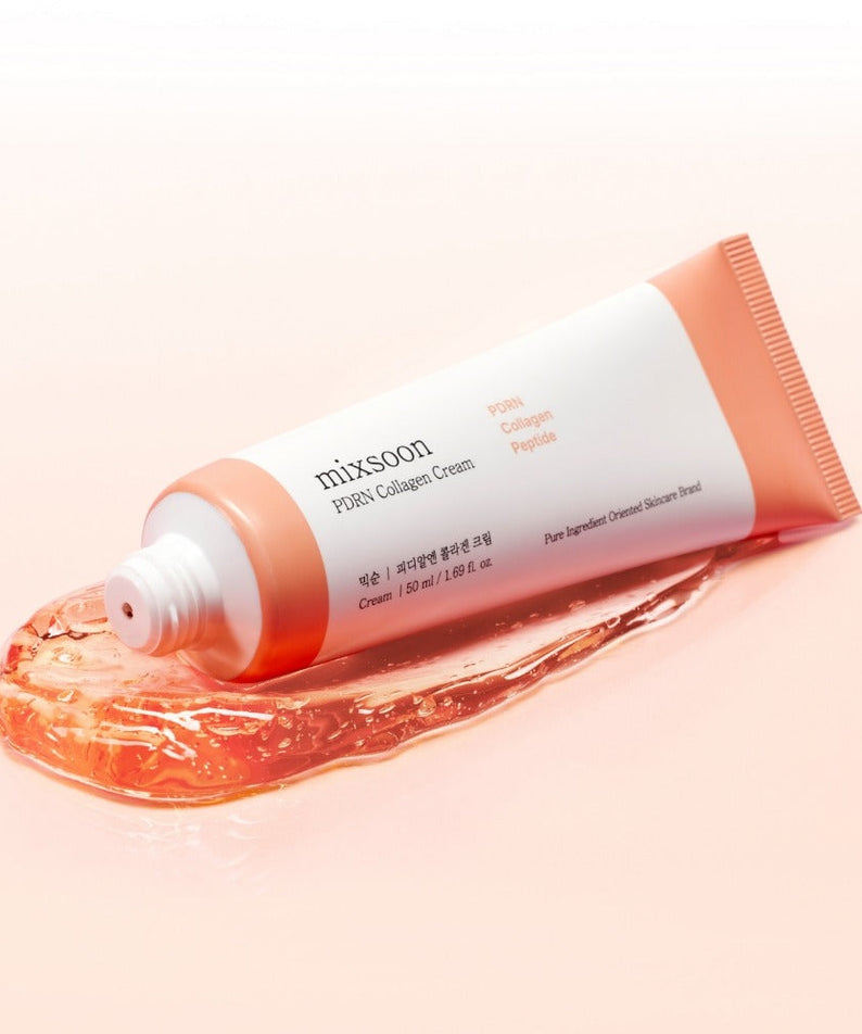 MIXSOON PDRN Collagen Cream 50ml in a pink tube on a clear gel smear, highlighting skincare benefits