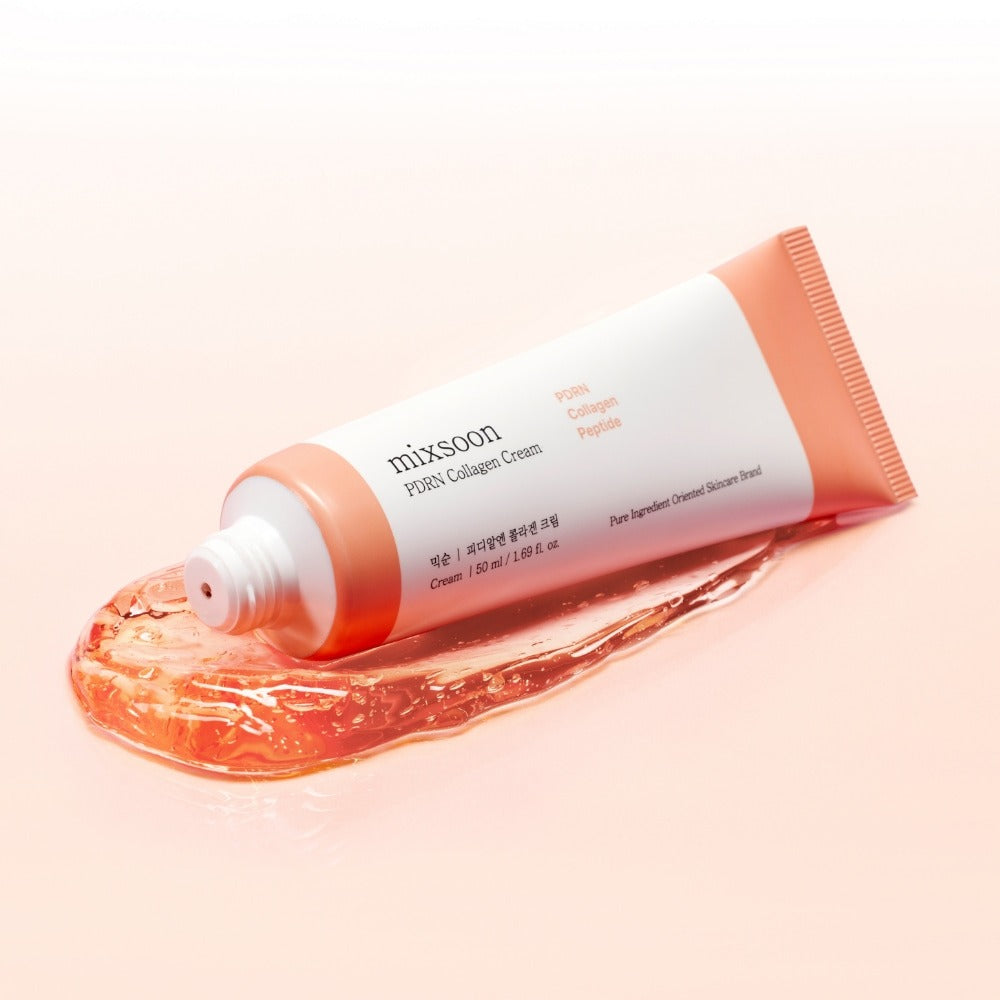 MIXSOON PDRN Collagen Cream 50ml in a pink tube on a clear gel smear, highlighting skincare benefits