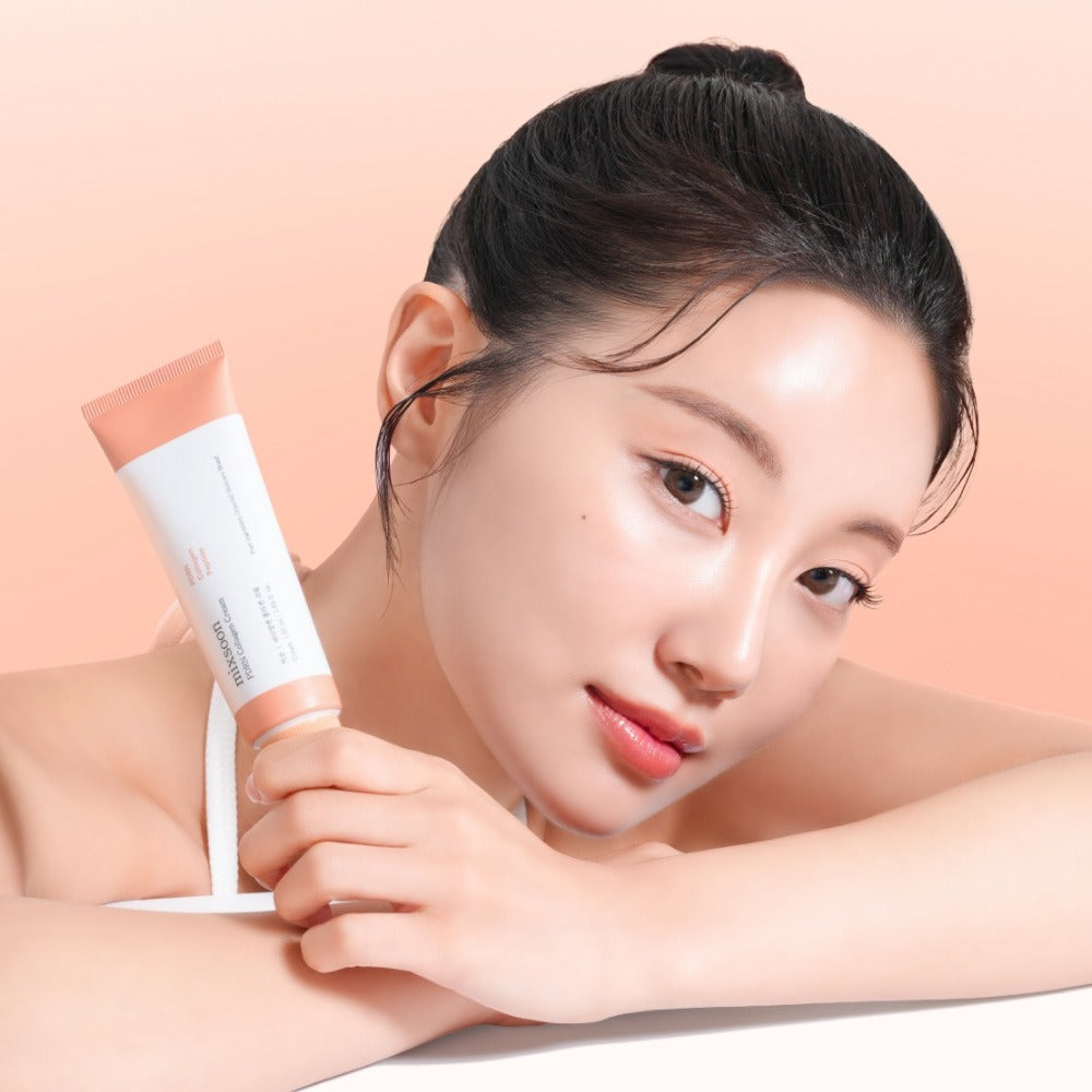 Woman holding MIXSOON PDRN Collagen Cream 50ml against a gradient background