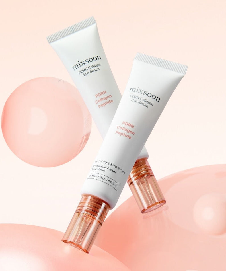 Two tubes of MIXSOON PDRN Collagen Eye Serum 20ml with pink and peach accents in the background.