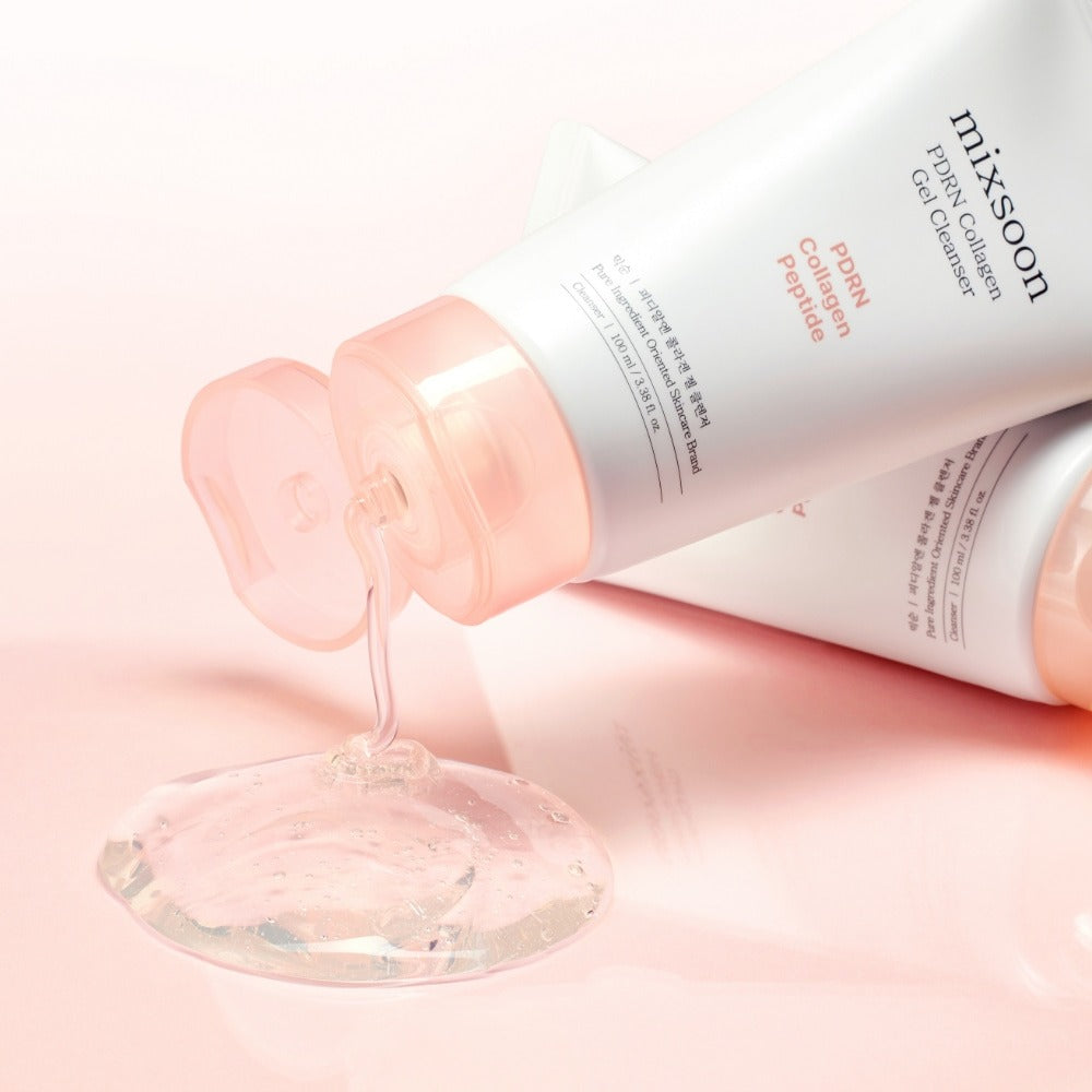 MIXSOON PDRN Collagen Gel Cleanser 100ml bottle on pink surface with gel pouring out