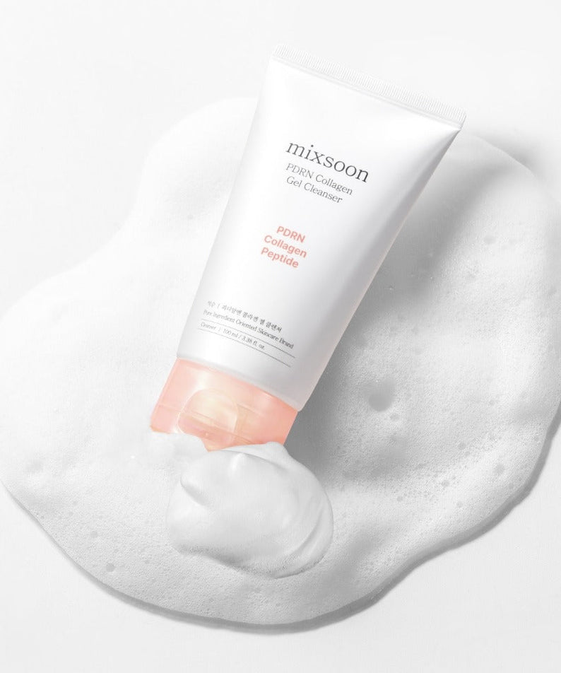 Image of MIXSOON PDRN Collagen Gel Cleanser 100ml tube on a foam background.