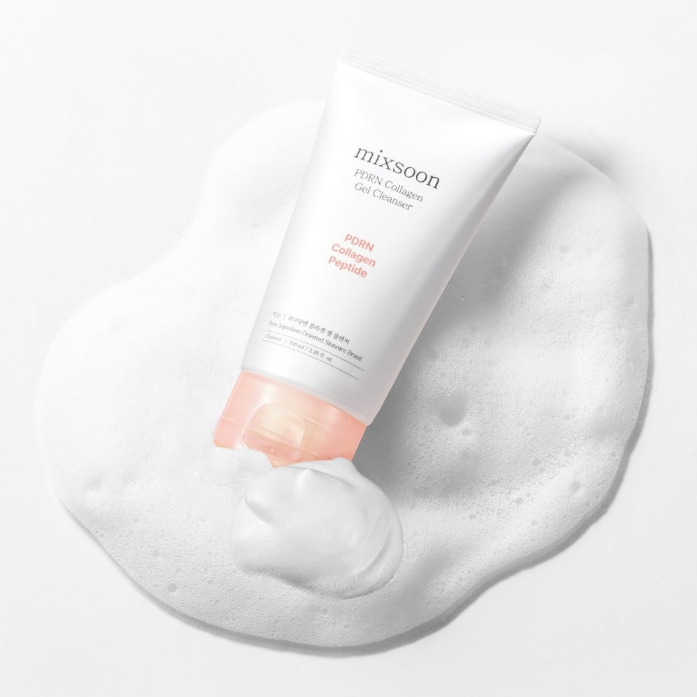 Image of MIXSOON PDRN Collagen Gel Cleanser 100ml tube on a foam background.