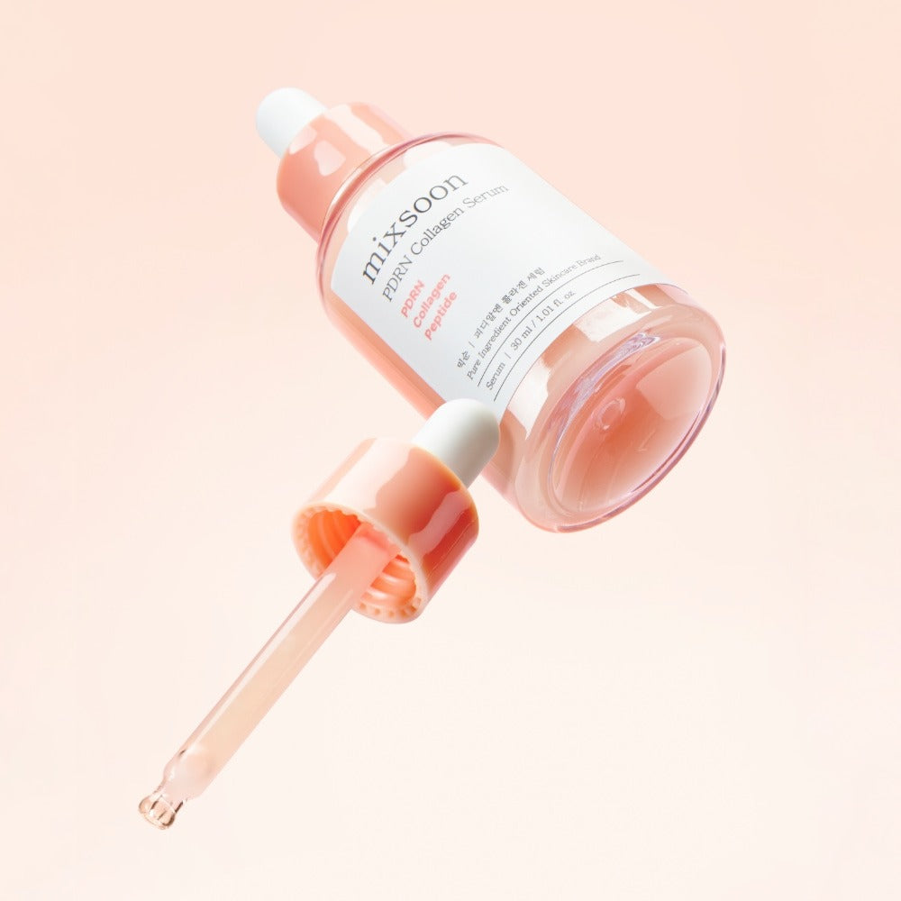 MIXSOON PDRN Collagen Serum 30ml with dropper, shown on a soft pink background.