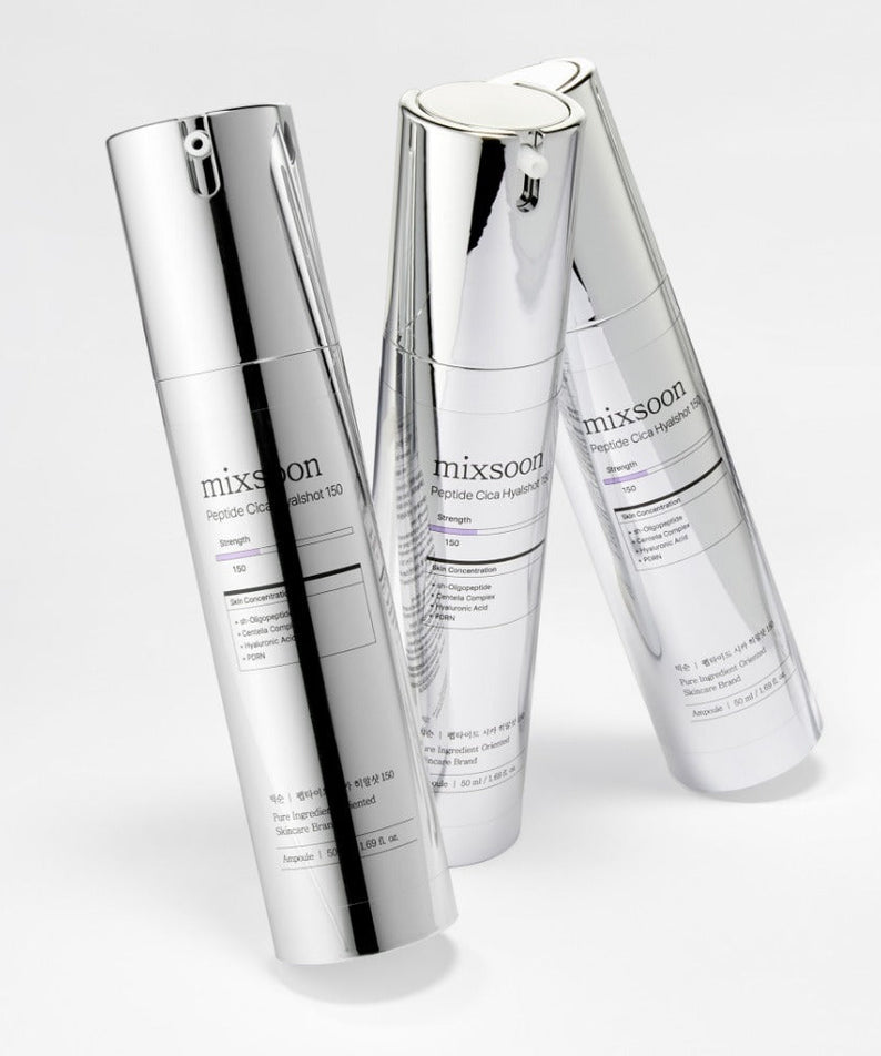 MIXSOON Peptide Cica Hyal Shot 150 50ml bottles displayed on a reflective surface