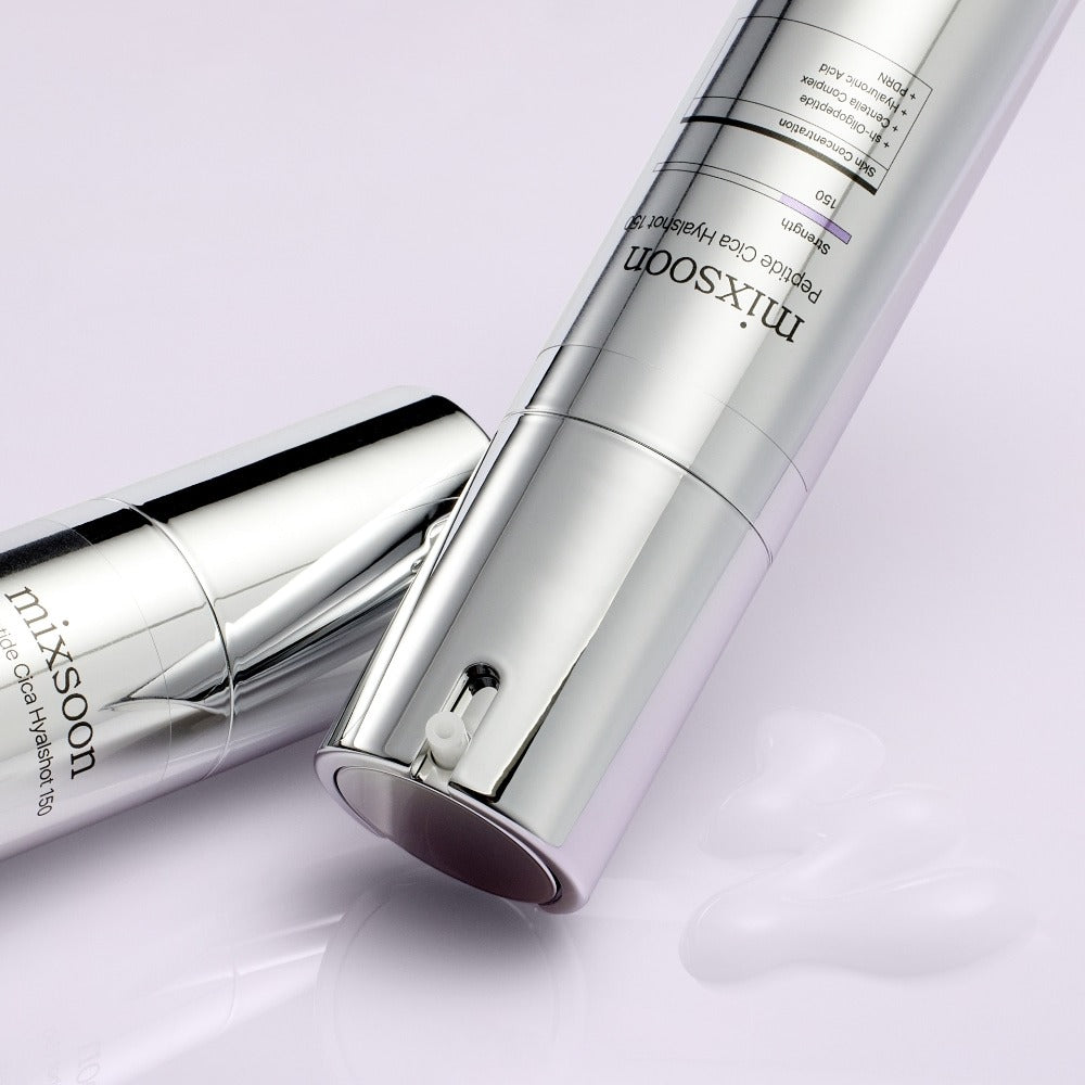 MIXSOON Peptide Cica Hyal Shot 150 50ml serum bottle on a light background with liquid drops