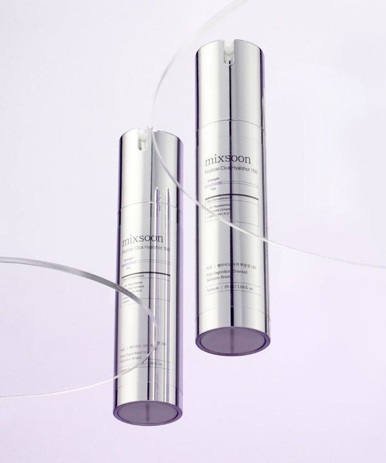 Two bottles of MIXSOON Peptide Cica Hyal Shot 150 50ml on a soft purple background.