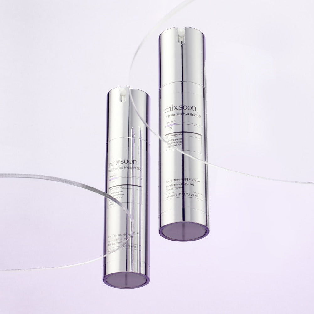 Two bottles of MIXSOON Peptide Cica Hyal Shot 150 50ml on a soft purple background.